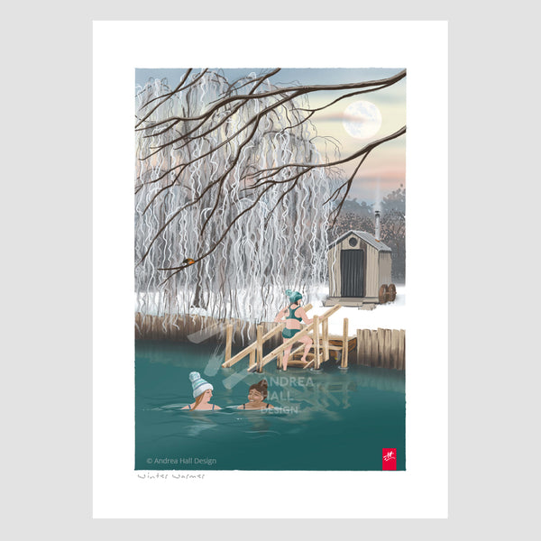 Wild swimming art print. 'Winter Warmer'