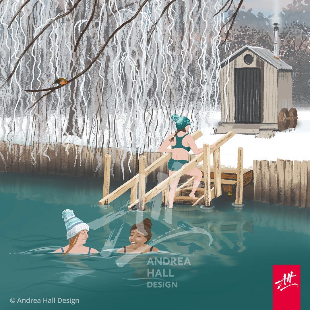 Pool Bridge Farm Sauna – Winter Wild Swimming Art Print – Andrea