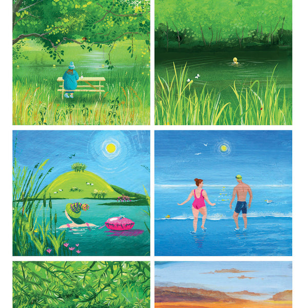 A selection of illustration from Andrea Hall's 2027 Outdoor Swimming calendar