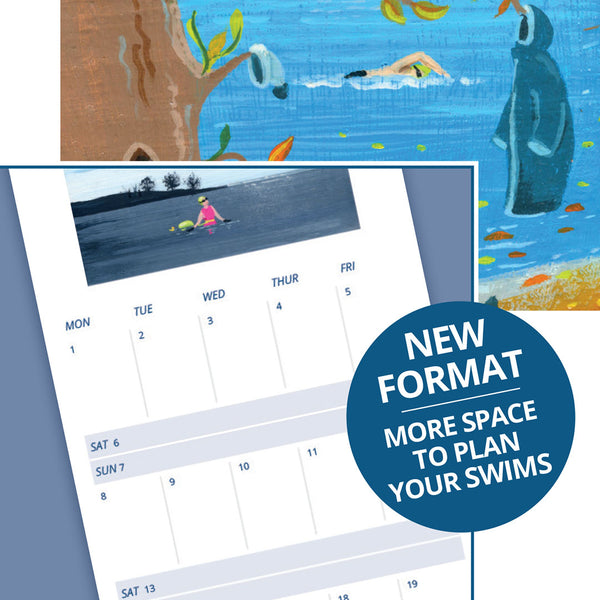 Graphic showing the calendar layout of Andrea Hall's 2027 Outdoor Swimming Calendar
