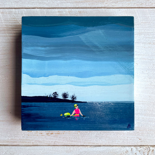 Painting of a swimmer in a lake with a stormy clouds.