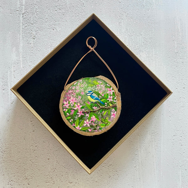 Blue Tit with Blossom original miniature wood slice painting presented in its gift box.