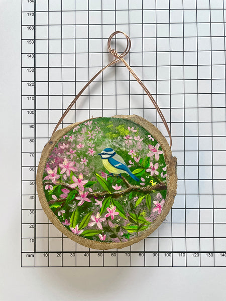 Blue Tit with Blossom miniature painting shown against a millimetre scale for its Royal Miniature Society submission.