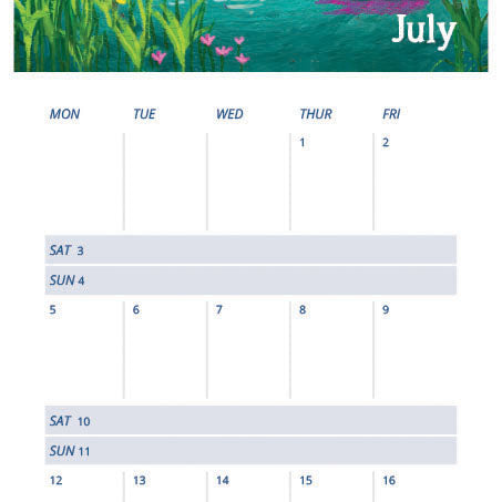 A close up of the calendar layout of Andrea Hall's 2027 Outdoor Swimming Calendar