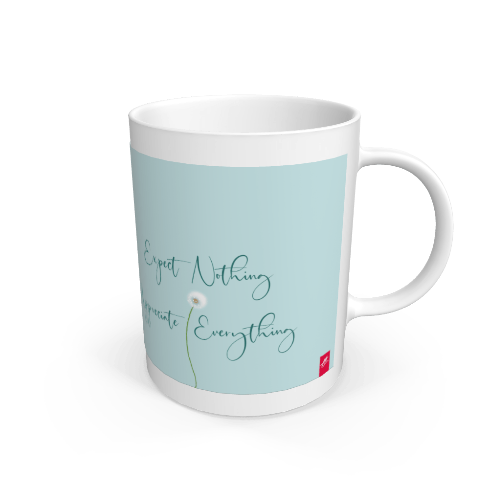 White Expect Nothing, Appreciate Everything Mug. Duck egg blue