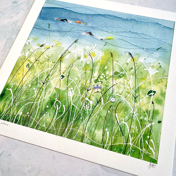 Art print of outdoor swimming art embellished with sequins