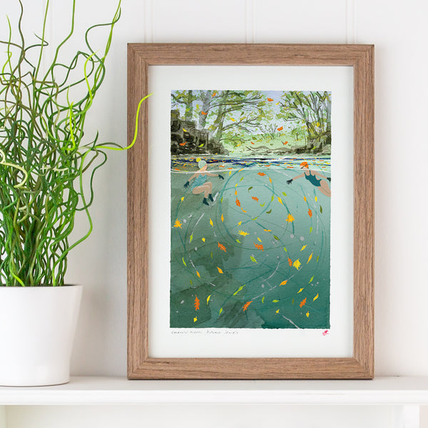 Autumn Wild Swimming art print. 'Emerald Water, Autumn Jewels'