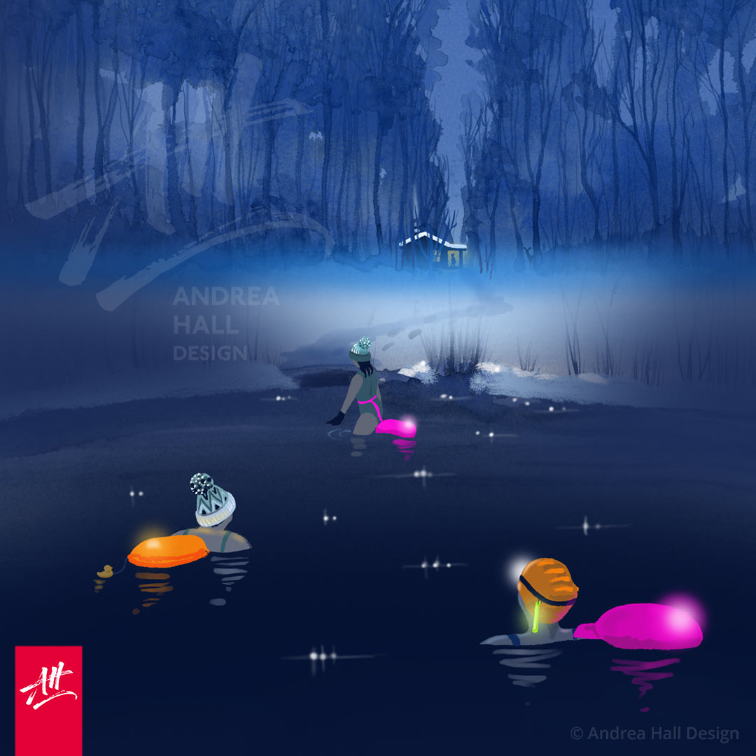 Atmospheric winter wild swimming art print. 'Full Moon Dip'