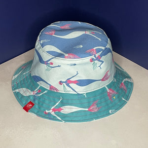 Reversible festival bucket hat. Turquoise and Blue Swimming Mermaid design