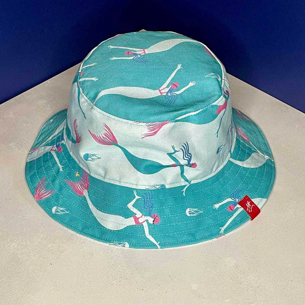 Reversible festival bucket hat. Turquoise Swimming Mermaid design