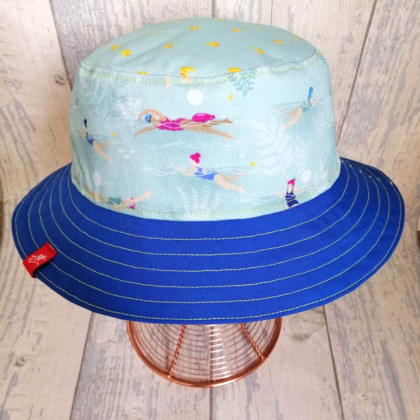 Reversible swimmer's festival bucket hat in cornflower blues and duck-egg