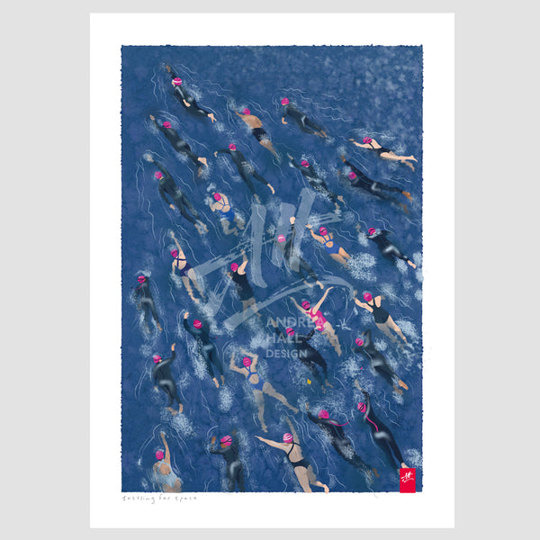 Open water swimming art print. 'Jostling for Space'