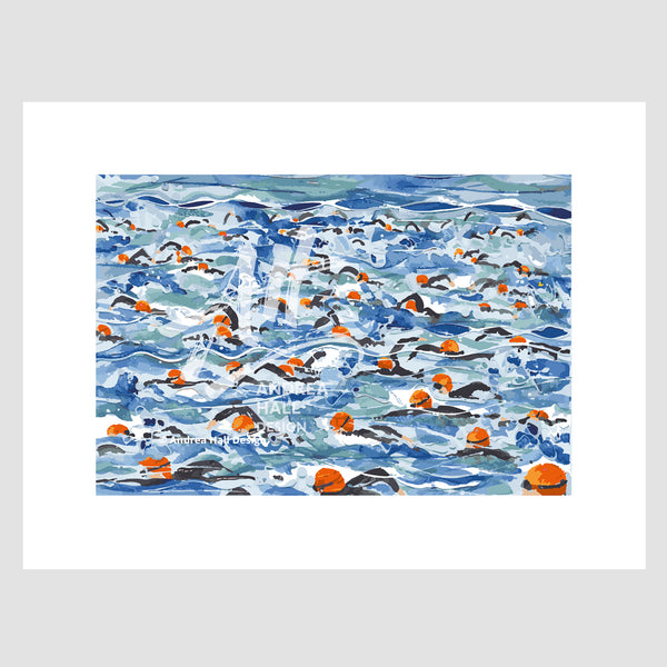 Open Water Swimming print. Mass Start Orange Wave. Limited edition