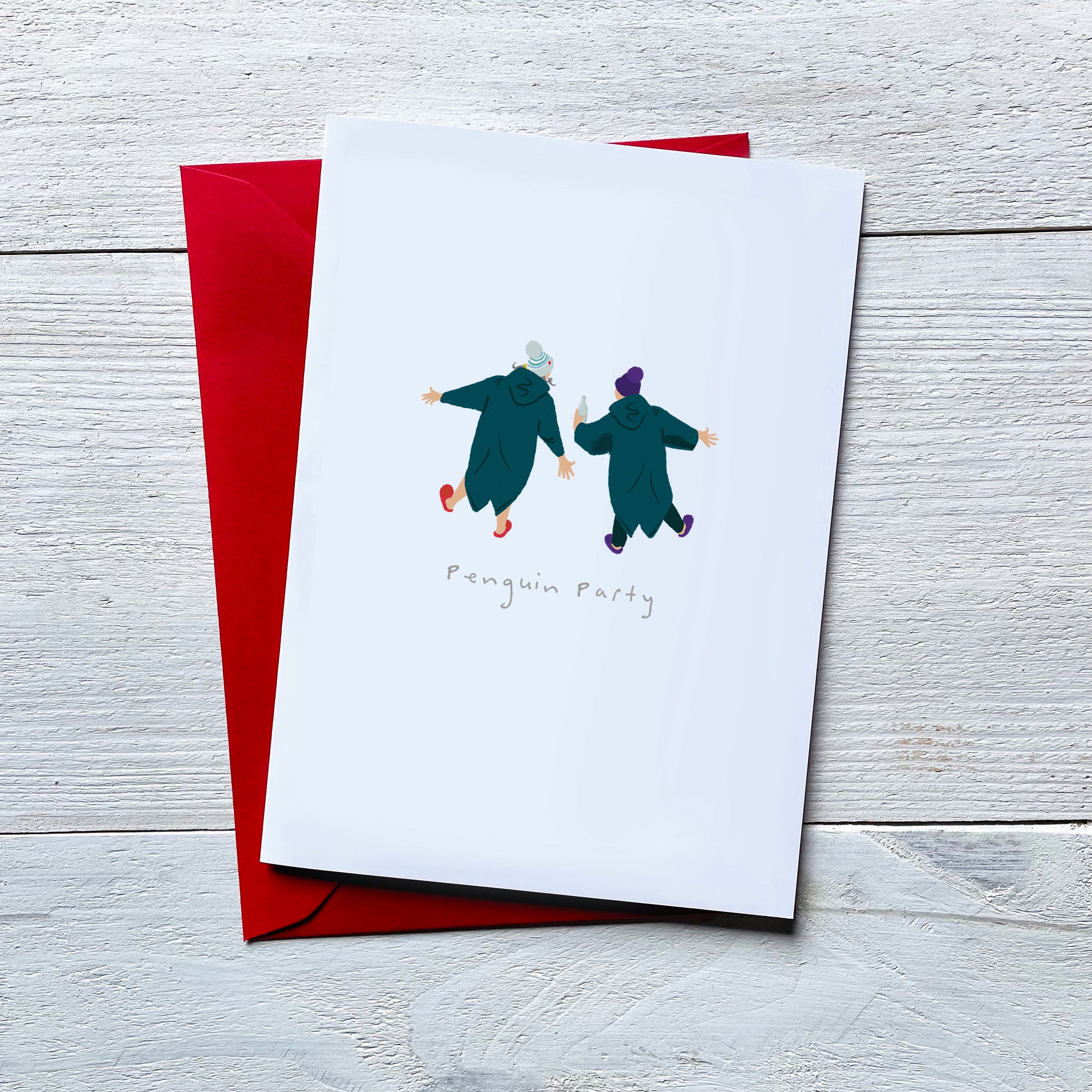 Birthday card for open water wild swimmers. 'Penguin Party'