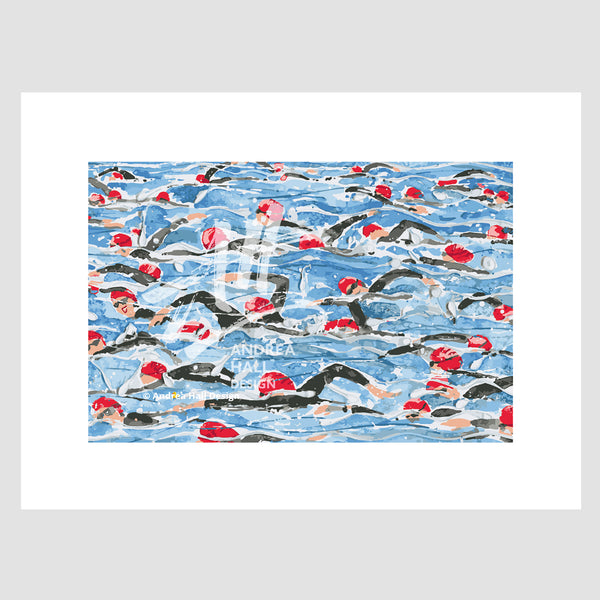 Open Water Swimming print. Mass Start Red Wave. Limited edition