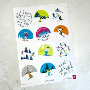 Round stickers featuring ski and snowboard designs