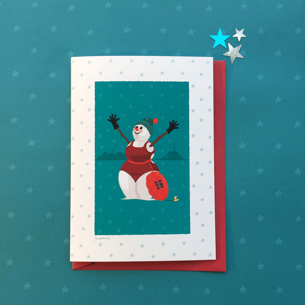 Christmas card for swimmers. Swimming Snowman