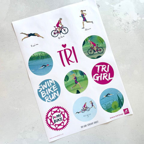 Round stickers featuring female Triathlon designs