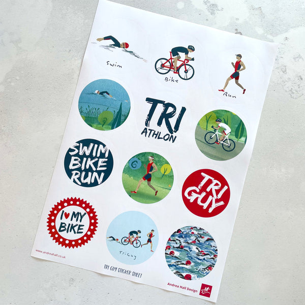 Round stickers featuring male Triathlon designs