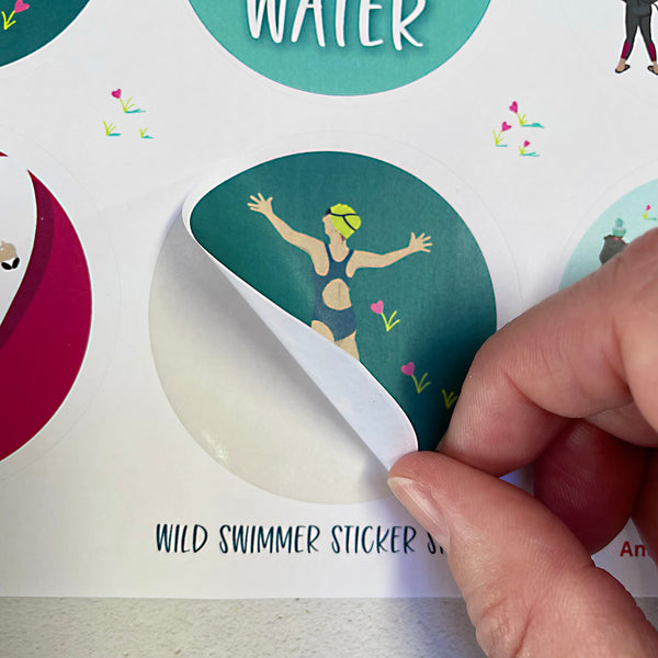 Round stickers featuring wild swimmer designs