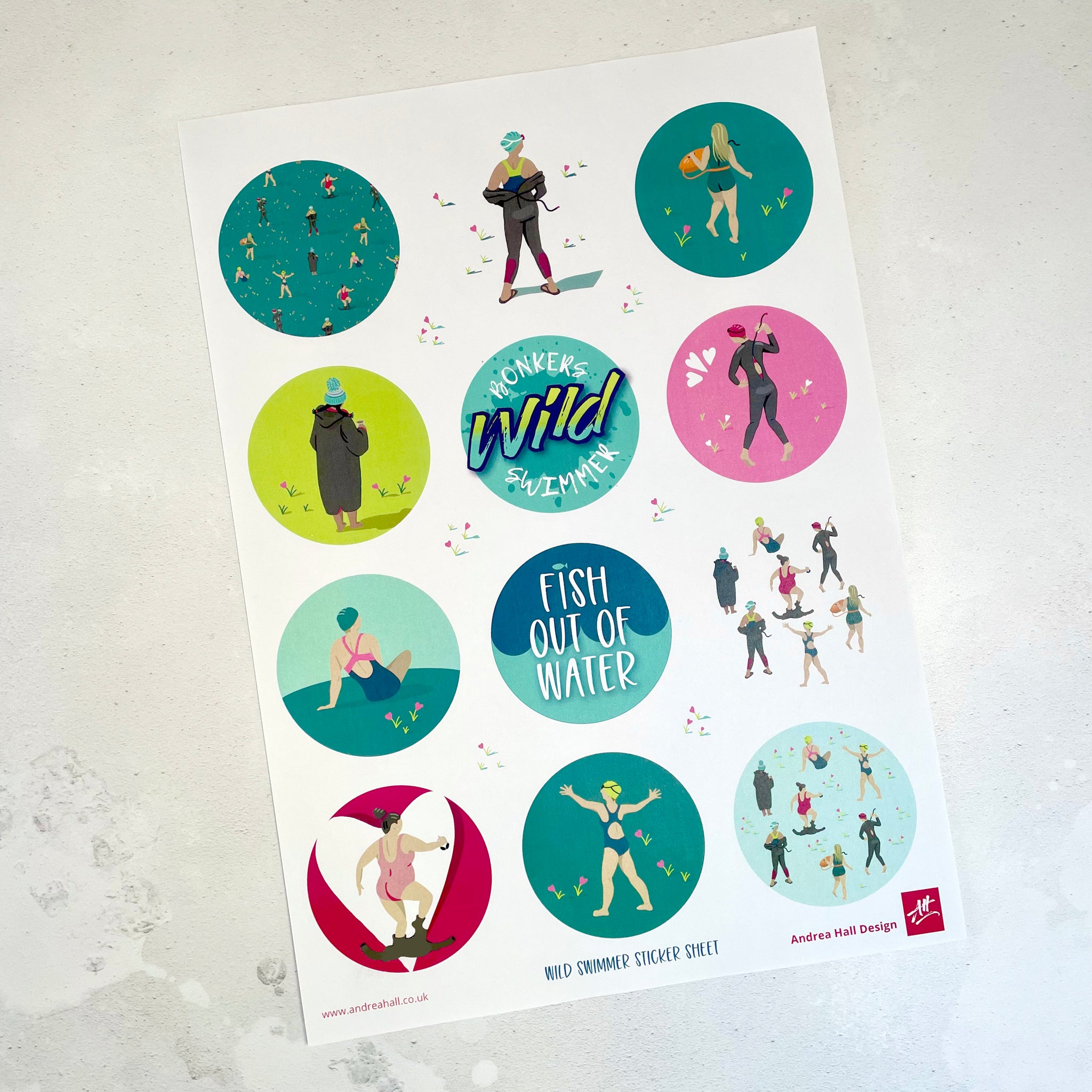 Round stickers featuring wild swimmer designs