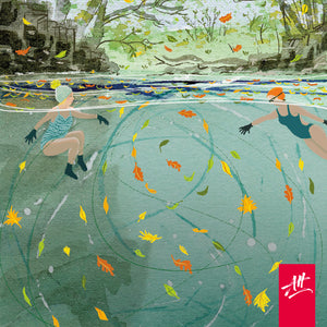 Autumn Wild Swimming art print. 'Emerald Water, Autumn Jewels'