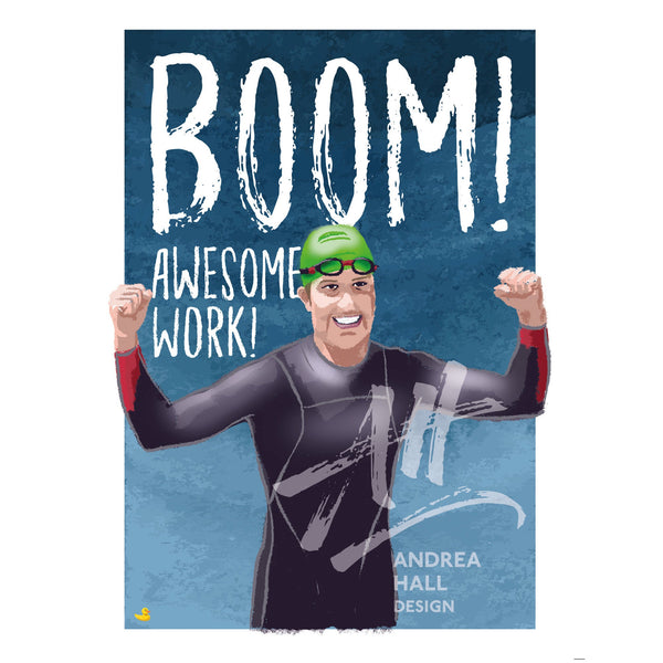 Congratulations card for swimmers. 'BOOM! AWESOME WORK!' Male athlete