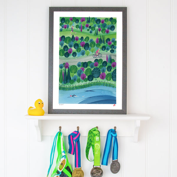 Triathlon art print with female athlete. 'Tri Girl'