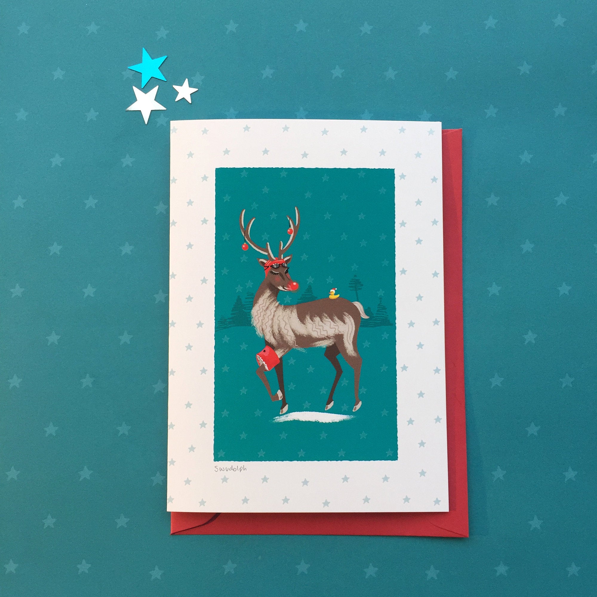 Swimming Rudolph. Christmas card for swimmers