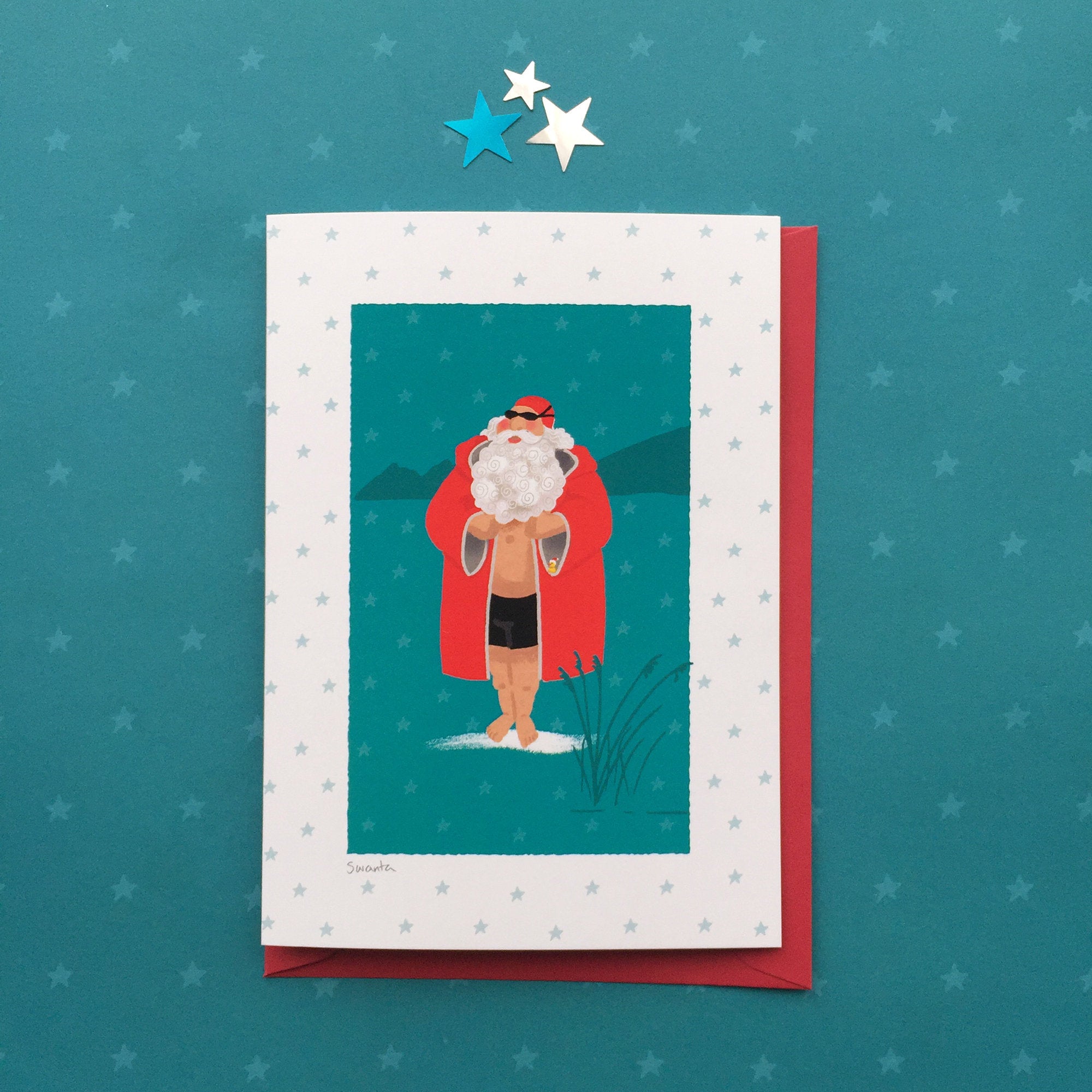 Christmas card for swimmers. Swimming Santa