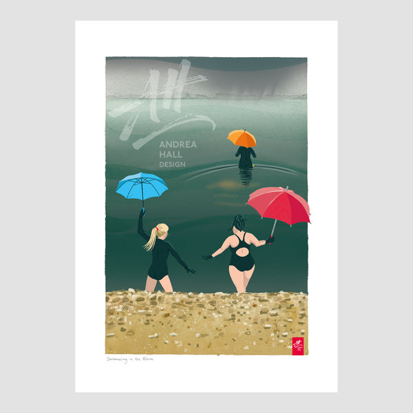 Joyful wild swimming print. Swimming in the Rain.