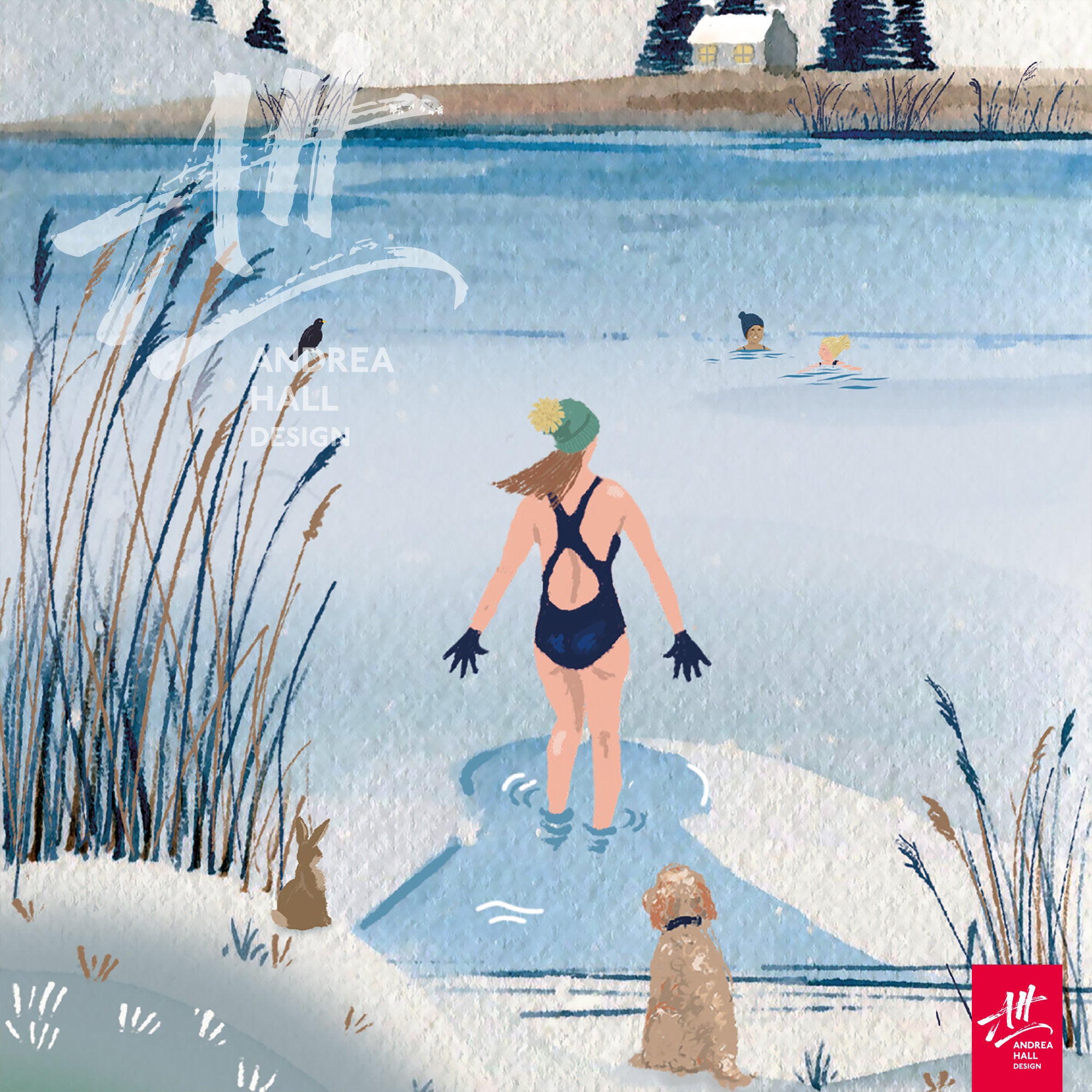 Happy wild swimming artwork. 'Breaking The Ice'