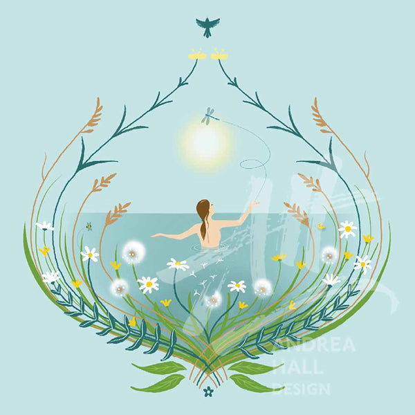 Wild swimming notcard design with dragonfly and wild flowers