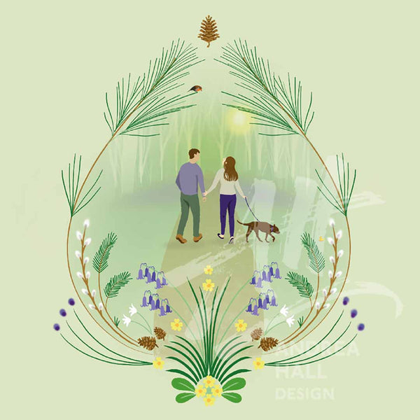 Walking the dog in the woods notecard