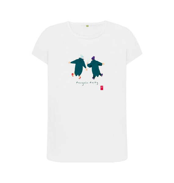 White Women's open water swimming t-shirt. Penguin Party